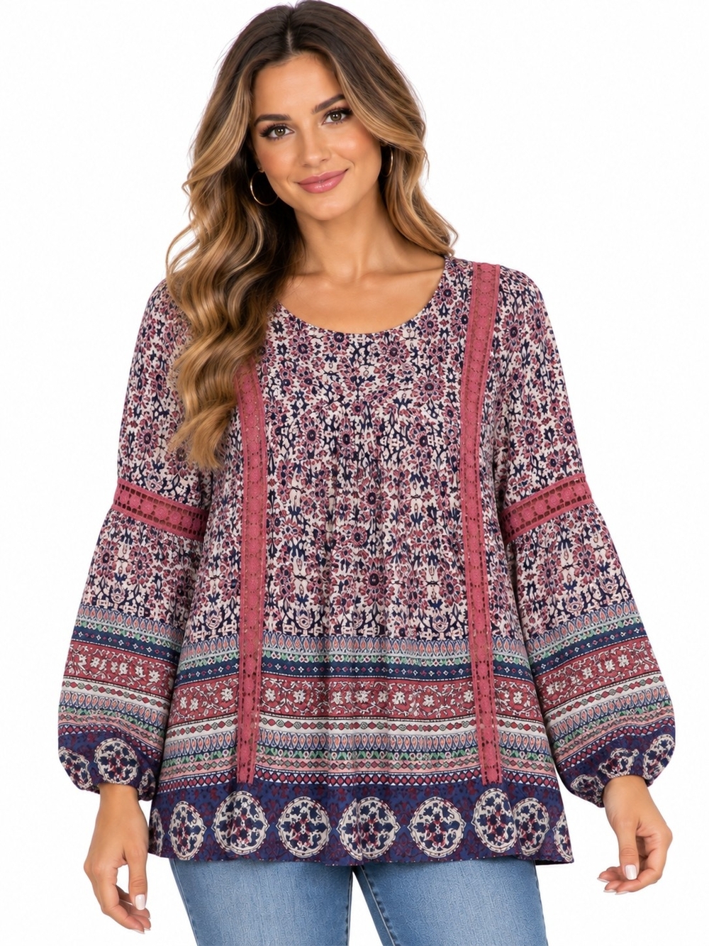 Alterd State Boho Floral V-Neck Peasant Blouse in Pink and Navy